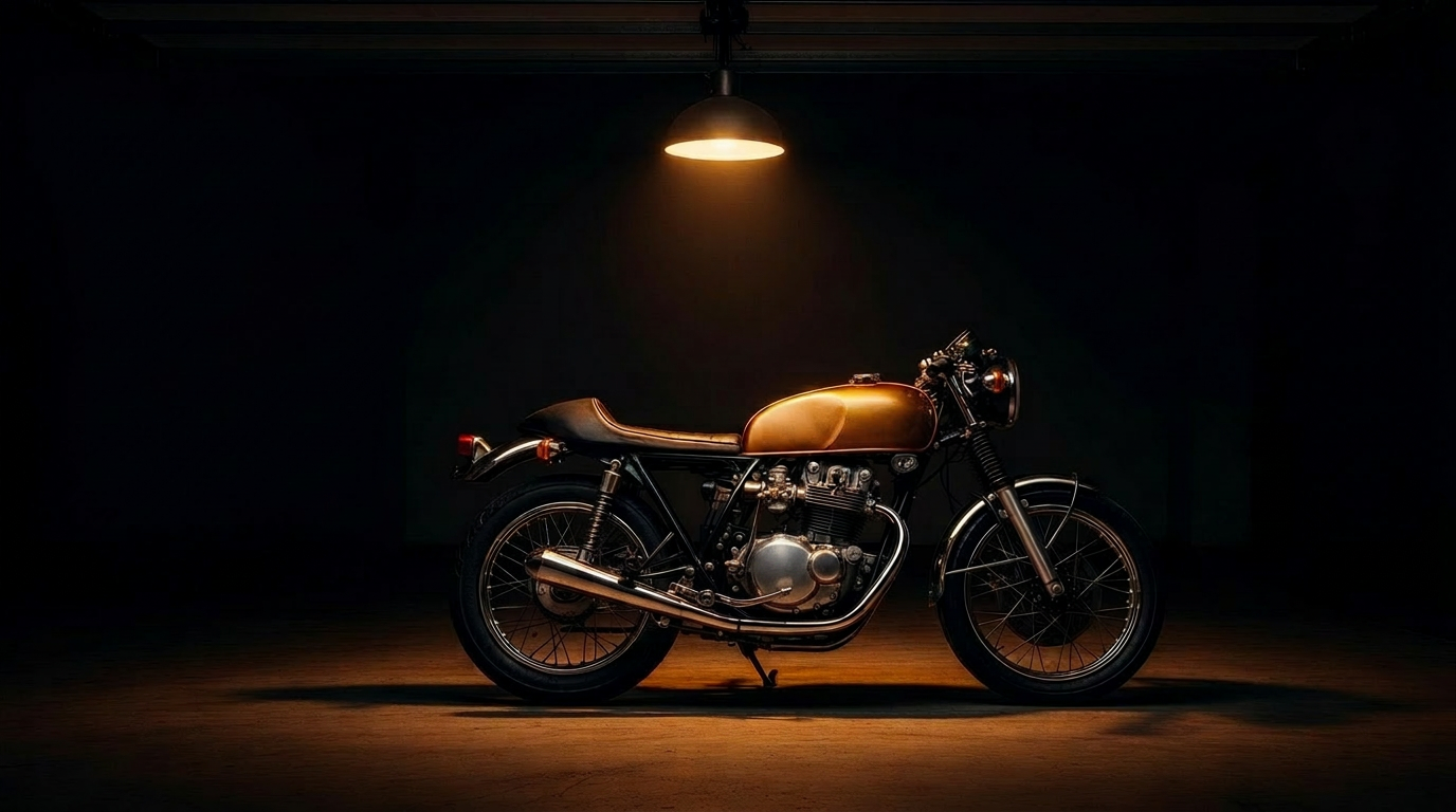 Vintage XS650 cafe racer under a single warm garage light